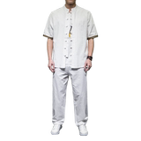 QT715-7056-P80夏季风棉麻套装男短袖衬衫长裤套装-白，男装T恤，钱塘715