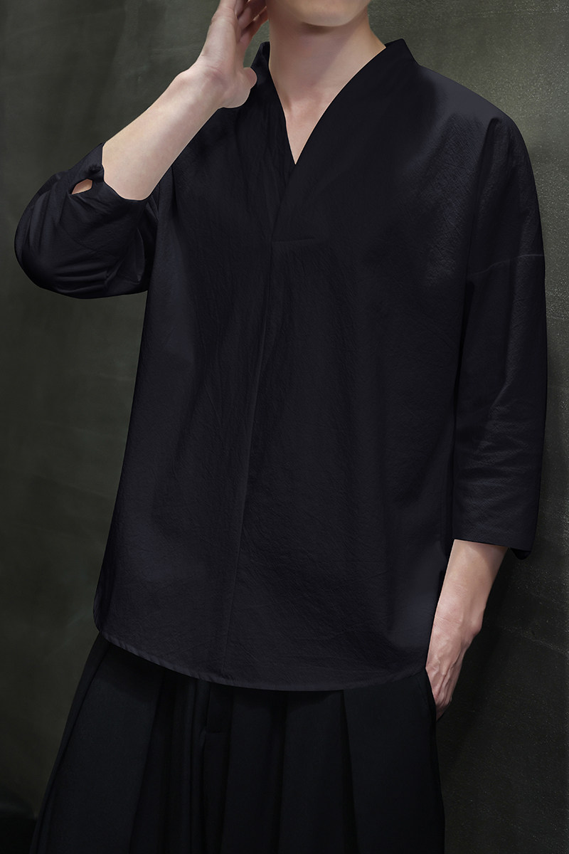 QT715-7022-特P25风夏季棉麻汉服T恤男七分袖宽松七分袖T恤-3,男装T恤,钱塘715