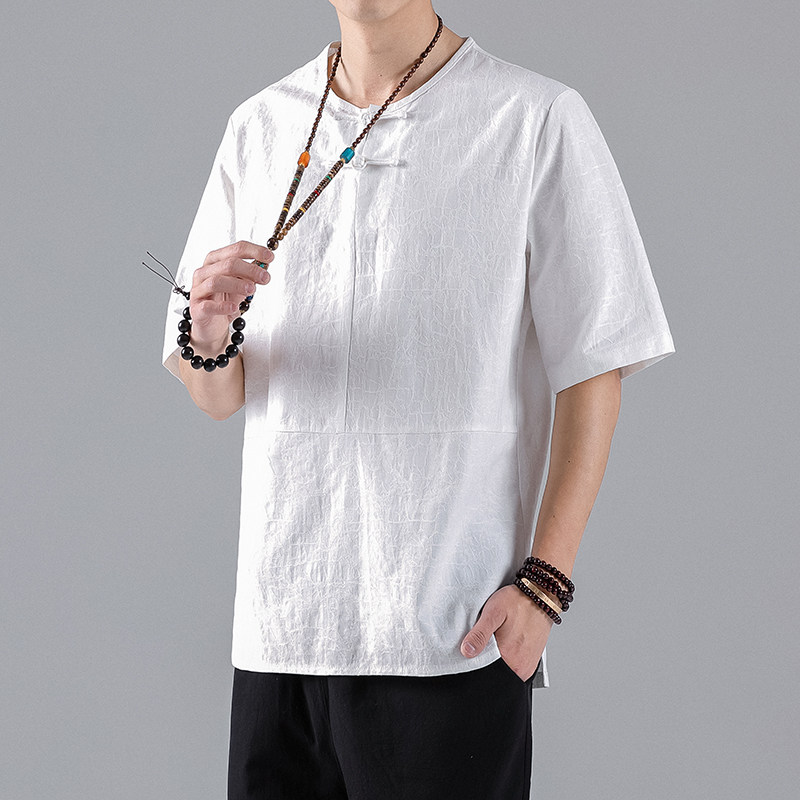 QT715-T2-P60夏季风棉麻提花盘扣圆领短袖T恤男中袖小衫-黑,男装T恤,钱塘715