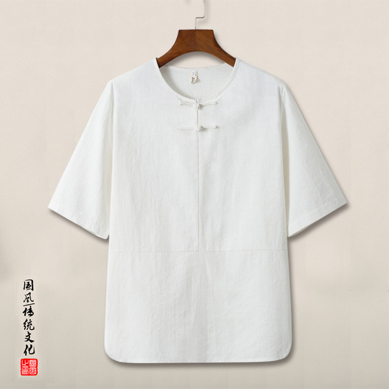 QT715-T2-P60风夏季棉麻提花短袖圆领T恤男复古盘扣唐装-黑,男装T恤,钱塘715