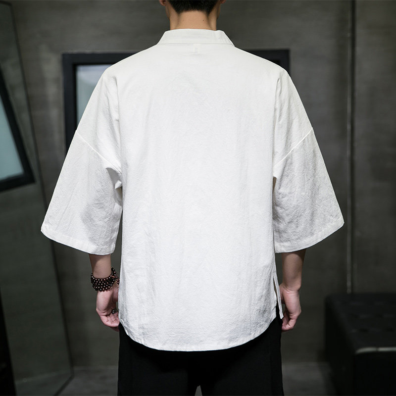 QT715-7210-P55夏季风棉麻开衫短袖衬衫宽松男半袖衬衣-灰,男装衬衫,钱塘715