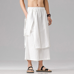 QT715-7103-P105夏季风男唐装阔腿裤休闲古装九分裤汉服-黑图片