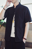 QT715-7010-P55夏季风棉麻开衫短袖衬衫男半袖衬衣-黑，男装T恤，钱塘715