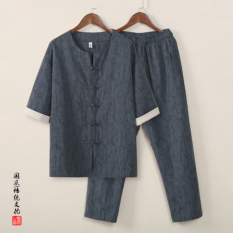QT715-C809-P100夏季风唐装短袖衬衫套装中式唐装两件套-灰图片