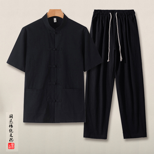 QT715-TZ7010-P90风夏季棉麻衬衫套装男士中式唐装两件套-黑