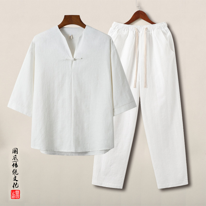 QT715-TZ001-P115风提花棉麻套装中式复古短袖T恤男-1,男装T恤,钱塘715