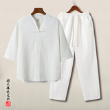 QT715-TZ001-P115风提花棉麻套装中式复古短袖T恤男-1，男装T恤，钱塘715