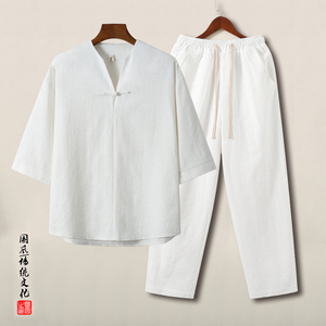 QT715-TZ001-P115风提花棉麻套装中式复古短袖T恤男-1图片