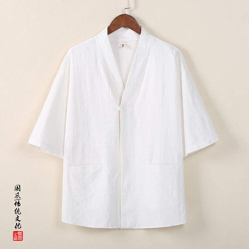QT715-C808-P60风夏季V领短袖衬衫男棉麻提花唐装衬衣-白图片