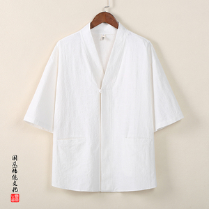 QT715-C808-P60风夏季V领短袖衬衫男棉麻提花唐装衬衣-白图片