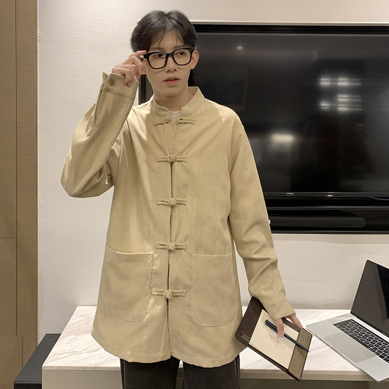 QT715-801-P55港风春秋大码复古灯芯绒长袖衬衫外套-灰,男装衬衫,钱塘715