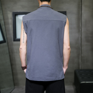 QT715-C5-P55风夏季棉麻立领盘扣无袖背心男开衫马甲-黑图片