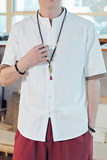 QT715-7013-P50风夏季棉麻刺绣盘扣中式唐装短袖衬衫男-白，男装T恤，钱塘715