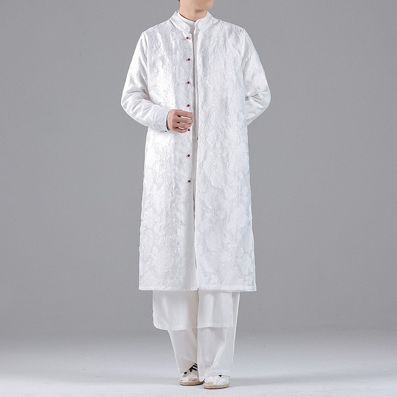 QT715-A1-P135风剪花开衫风衣外套居士汉服长款立领唐装-黑,男装风衣,钱塘715