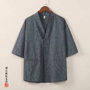 QT715-C808-P60风夏季V领短袖衬衫男棉麻提花唐装衬衣-白图片