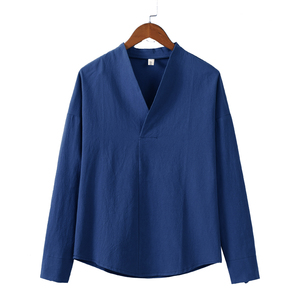 QT715-T7029-P40秋季风棉麻V领长袖T恤交叉领内搭汉服-白图片