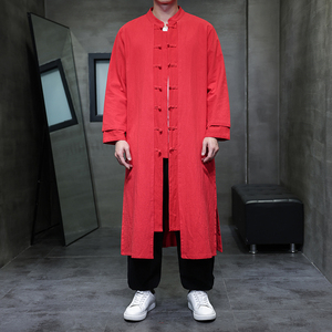 QT715-827-P130风春秋款棉麻中长款汉服假两件复古风衣唐装白图片