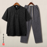 QT715-TZ815-P115夏季风提花棉麻短袖T恤套装男大码盘扣立领7，男装T恤，钱塘715