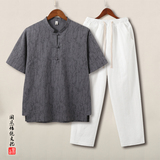 QT715-TZ815-P115夏季风提花棉麻短袖T恤套装男大码盘扣立领7，男装T恤，钱塘715