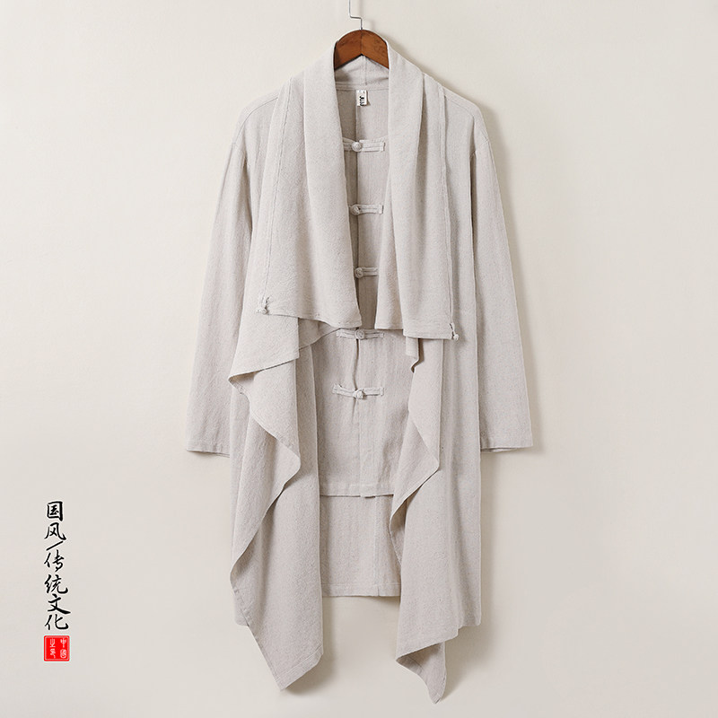 QT715-C818-P115风亚麻古装禅修假两件衬衫汉服居士风衣男-蓝,男装风衣,钱塘715