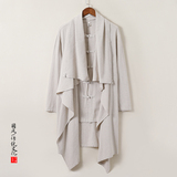 QT715-C818-P115风亚麻古装禅修假两件衬衫汉服居士风衣男-蓝，男装风衣，钱塘715
