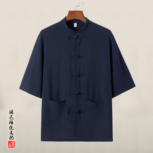 QT715-C06-P60夏季风麻料坠感短袖衬衫男唐装复古盘扣衬衣-麻图片