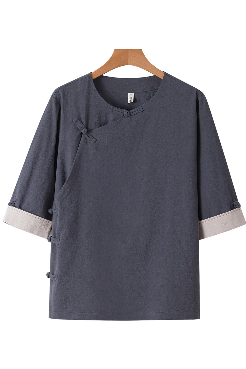 QT715-C7221-P60夏季风棉麻短袖衬衫唐装汉服古装小衫-灰,男装T恤,钱塘715