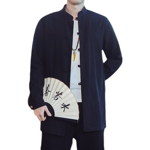 QT715-7211-P65風秋棉麻長袖立領襯衫中長款風衣復古中式-灰圖片