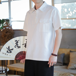 QT715-816-P65风衬衫领短袖提花棉麻T恤男盘扣复古小衫-灰图片