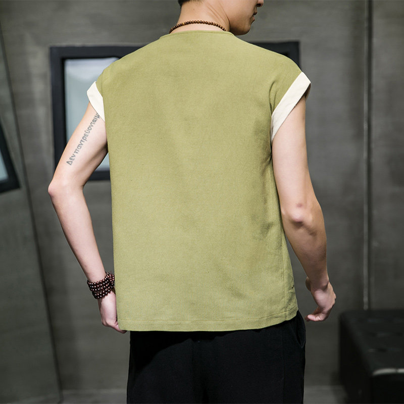 QT715-812-P55风夏季棉麻无袖背心男开衫马甲-绿,男装背心/马甲,钱塘715