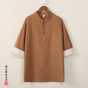 QT715-T810-P45夏季风棉麻立领盘口复古短袖T恤男-蓝图片