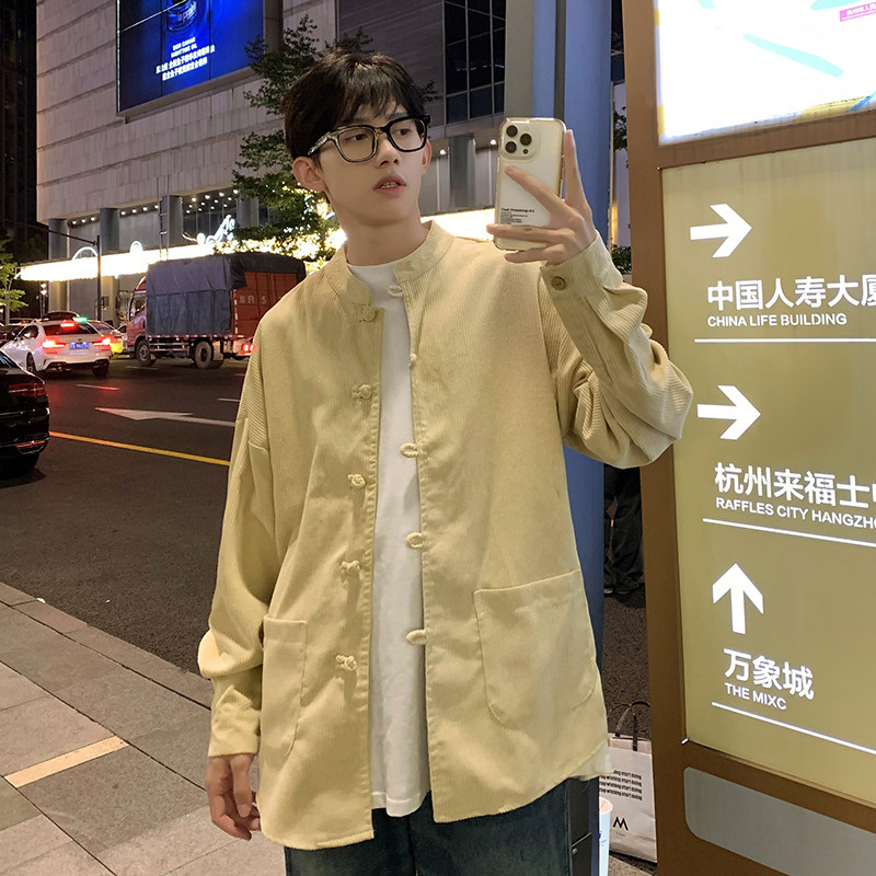 QT715-802-P55港风春秋大码复古灯芯绒长袖衬衫外套男女百搭-咖,男装衬衫,钱塘715