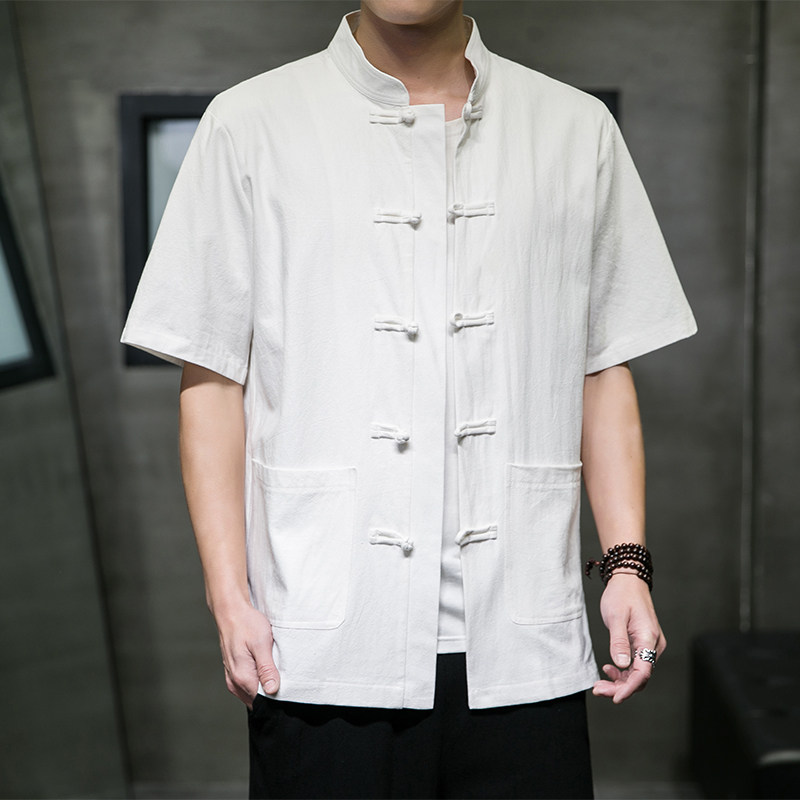 QT715-7010-P55风夏季棉麻衬衣盘扣中式唐装短袖衬衫男-白图片