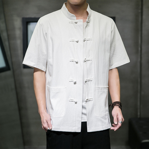QT715-7010-P55风夏季棉麻衬衣盘扣中式唐装短袖衬衫男-白图片
