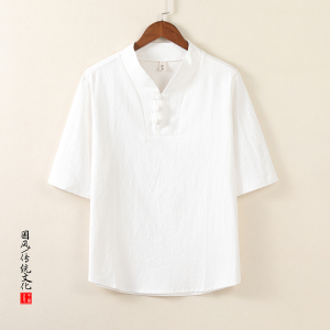 QT715-T7026-P35夏季风棉麻盘扣短袖T恤男士唐装半袖小衫-白图片