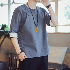 QT715-7221-P60风夏季短袖汉服衬衫男盘扣古装唐装-灰图片