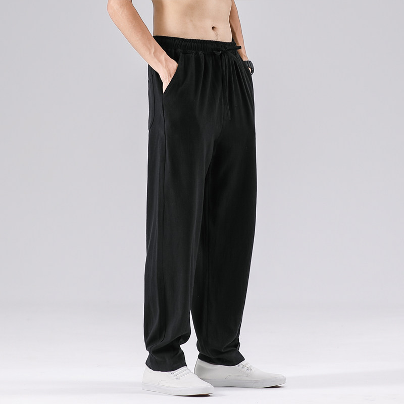 QT715-7097-P55休闲男宽松直筒阔腿裤大码运动风薄款裤子-黑图片