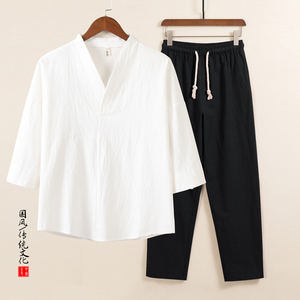 QT715-TZ7022-P63风棉麻套装男夏季复古V领七分袖两件套-9图片