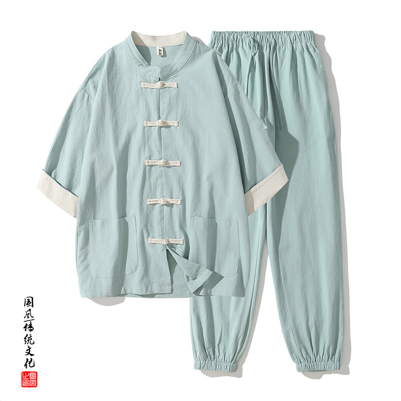 QT715-TZ7070-P90风棉麻短袖衬衫套装男女工装唐装两件套-红,男装衬衫,钱塘715