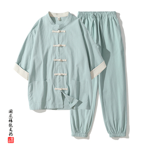 QT715-TZ7070-P90风棉麻短袖衬衫套装男女工装唐装两件套-绿图片