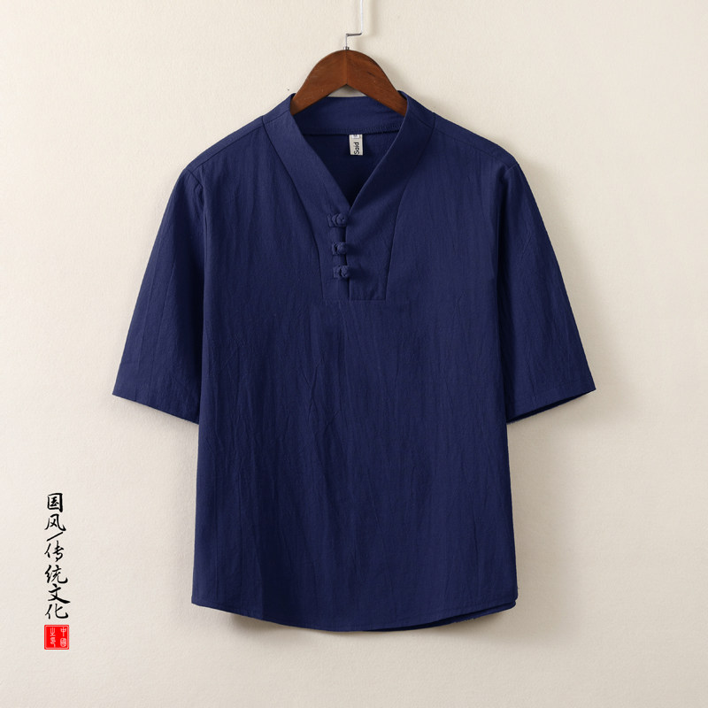 QT715-T7026-P35夏季风棉麻盘扣短袖T恤男士唐装半袖小衫-白,男装T恤,钱塘715