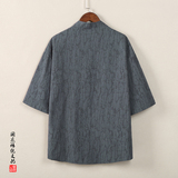 QT715-C808-P60风夏季V领短袖衬衫男棉麻提花唐装衬衣-灰，男装衬衫，钱塘715