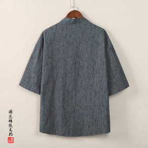 QT715-C808-P60风夏季V领短袖衬衫男棉麻提花唐装衬衣-灰图片