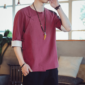 QT715-7221-P60风夏季短袖汉服衬衫男盘扣古装唐装-红图片