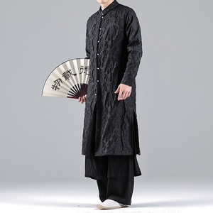 QT715-A1-P135風(fēng)剪花開衫風(fēng)衣外套居士漢服長款立領(lǐng)唐裝-黑圖片