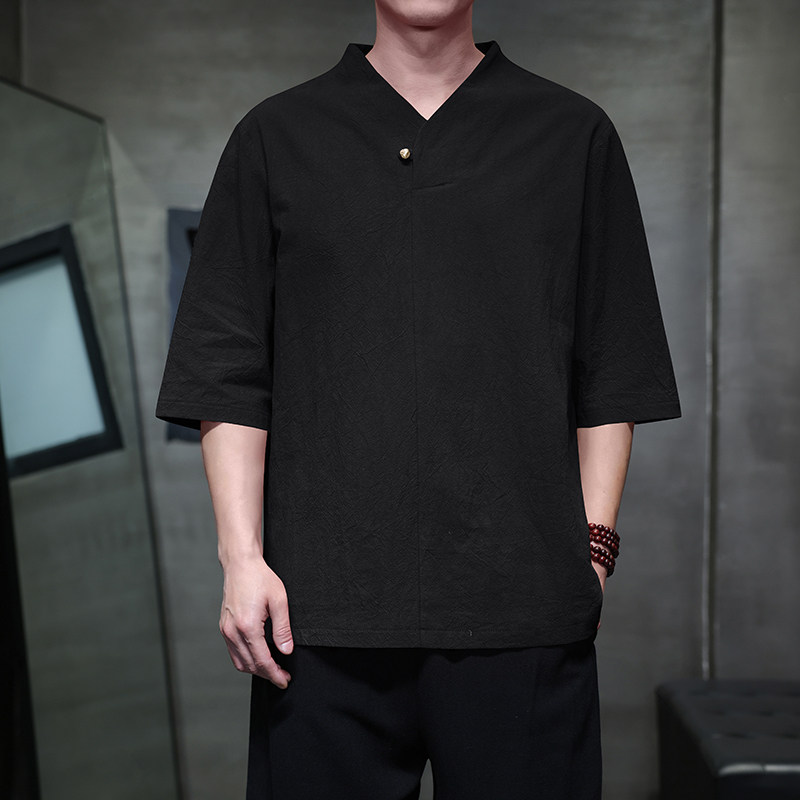 QT715-831-P40风棉麻短袖T恤男复古扣唐装七分袖上衣-灰,男装T恤,钱塘715