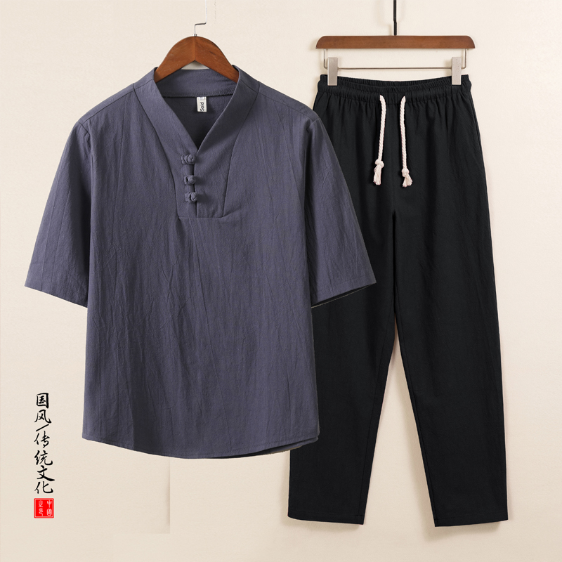 QT715-TZ7026-P73风套装男士棉麻短袖T恤盘扣两件套-01，男装T恤，钱塘715
