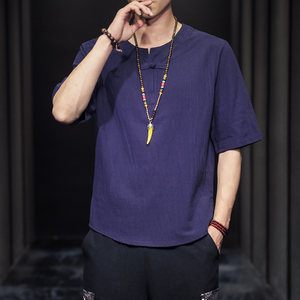 QT715-7025-P35夏季风V领汉服七分袖T恤棉麻男短袖体恤-蓝，男装T恤，钱塘715