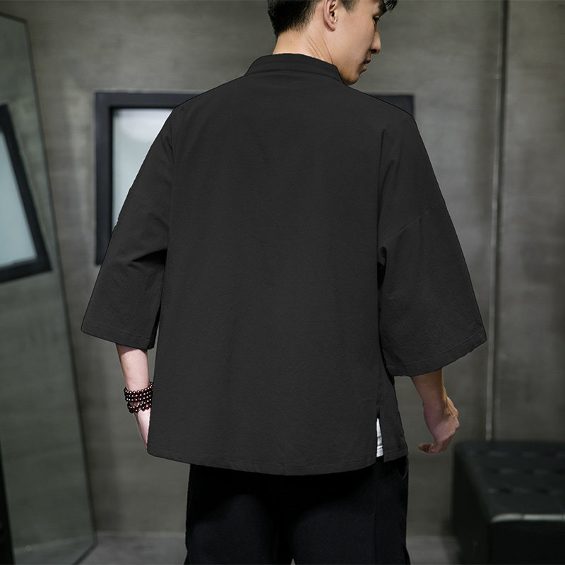 QT715-7210-P55夏季风棉麻开衫短袖衬衫宽松男半袖衬衣-黑,男装T恤,钱塘715