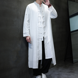 QT715-827-P130风春秋款棉麻中长款汉服假两件复古风衣唐装黑图片